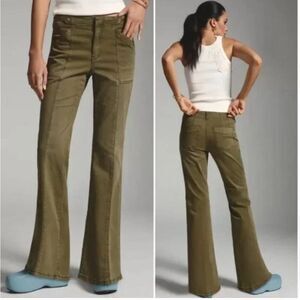 Pilcro NEW for Anthropologie Demilune Utility Pant Flare Green Cotton Stretch 28